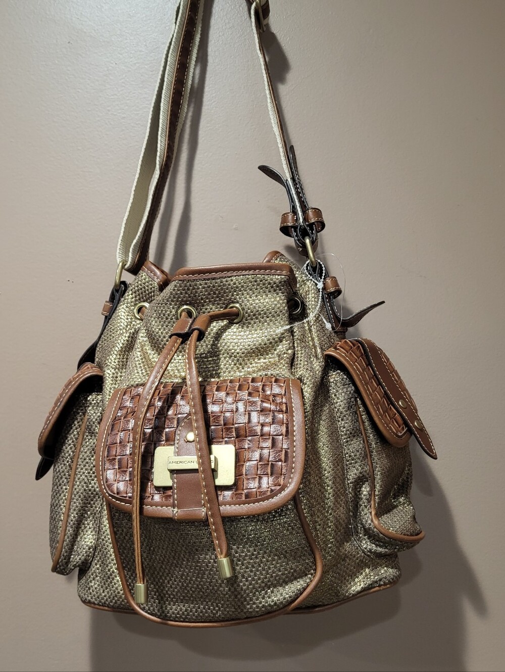Gold Linen Blend Woven Drawstring Shoulder Bag with Brown Faux Leather Trim